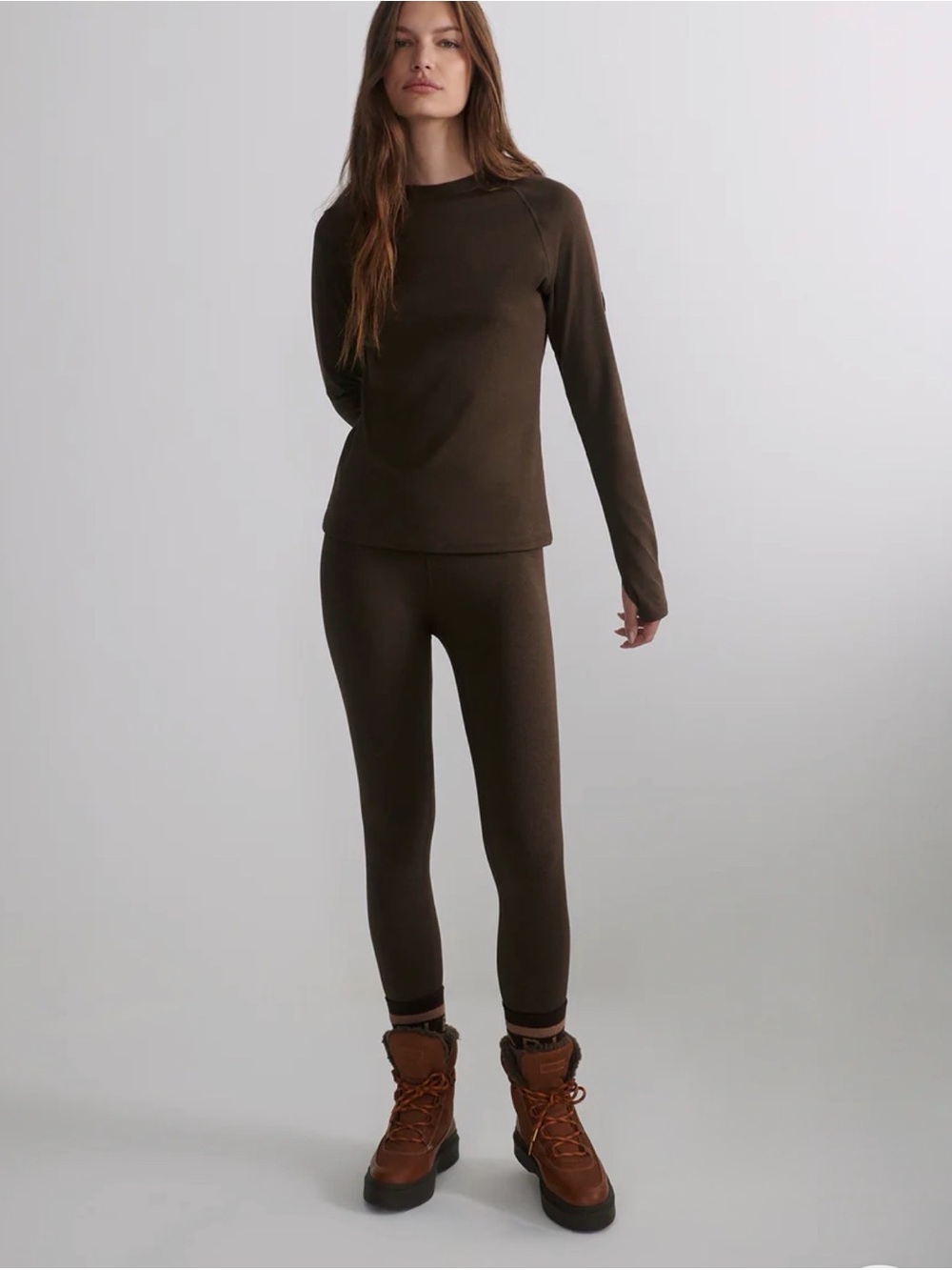 Varley Always Wam stirrup leggings crew neck long sleeve deep chocolate marl xs